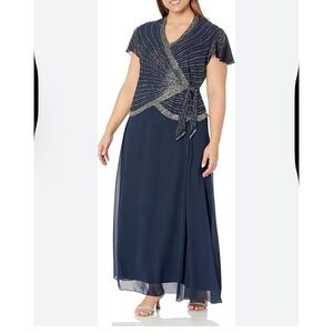 jkara navy beaded dress J Kara Womens 3/4 Sleeve V-Neck Beaded Faux Wrap Long Dress Teal Blue   Biggybargains